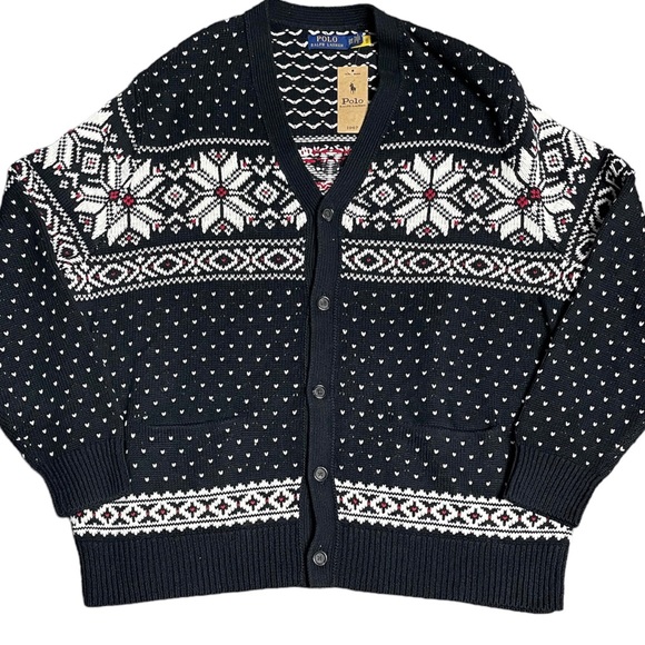 New 2XBig Polo Ralph Lauren Winter Snowflake Black White Cardigan Sweater Button - Picture 1 of 6